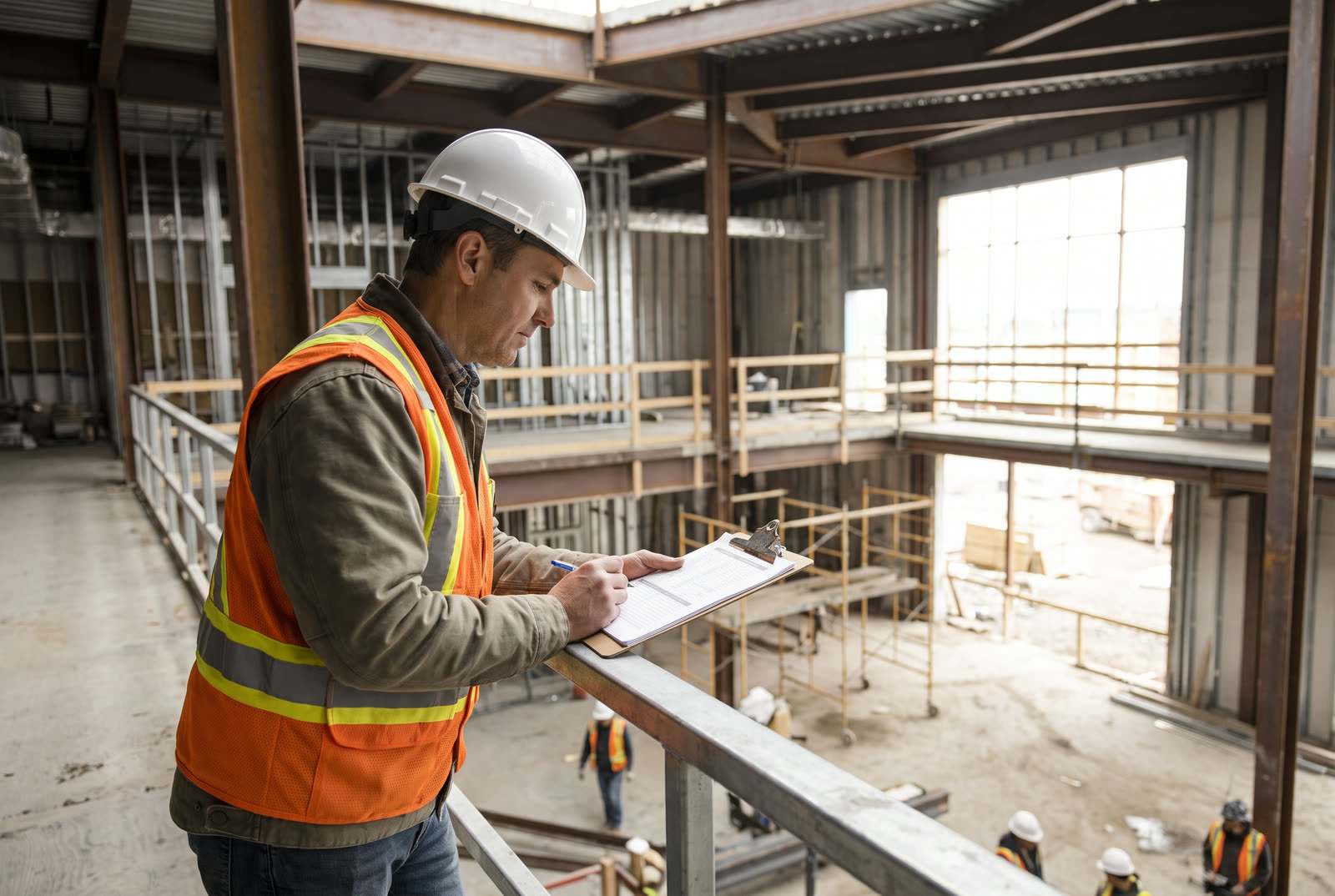 Construction manager in a hard hat and high-visibility vest reviewing notes on a clipboard from a mezzanine walkway above an active commercial construction site