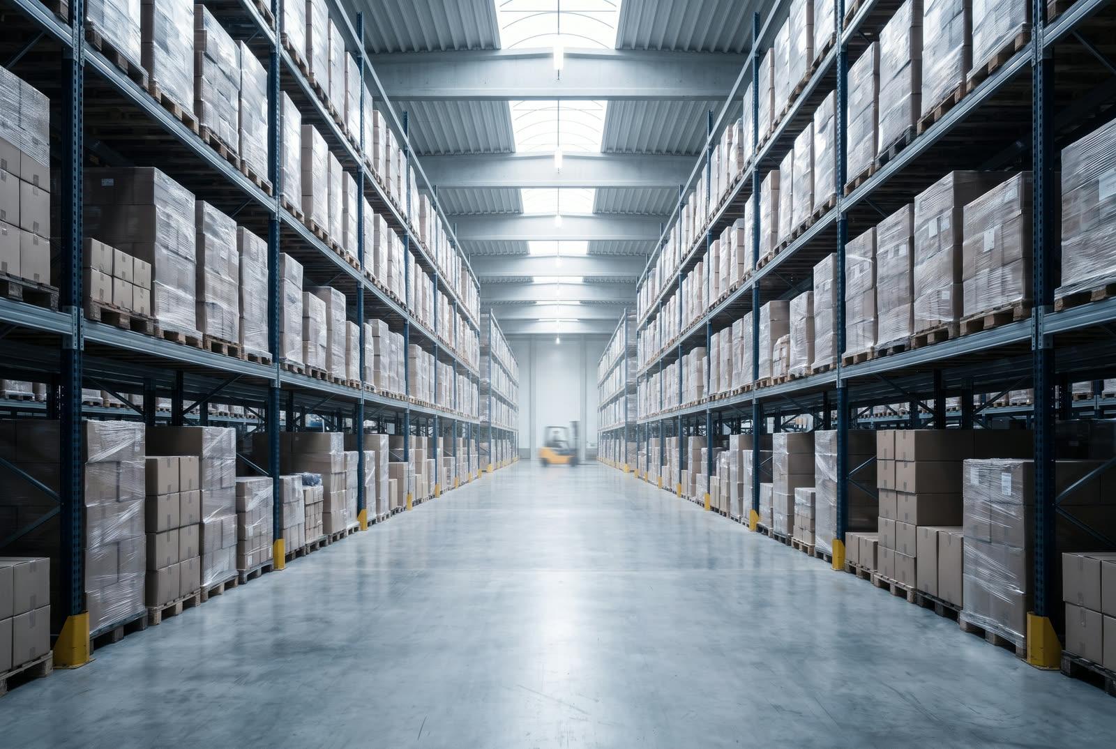 Large modern industrial warehouse interior with tall steel racking, polished concrete floor, natural skylight illumination and a forklift in the distance for scale