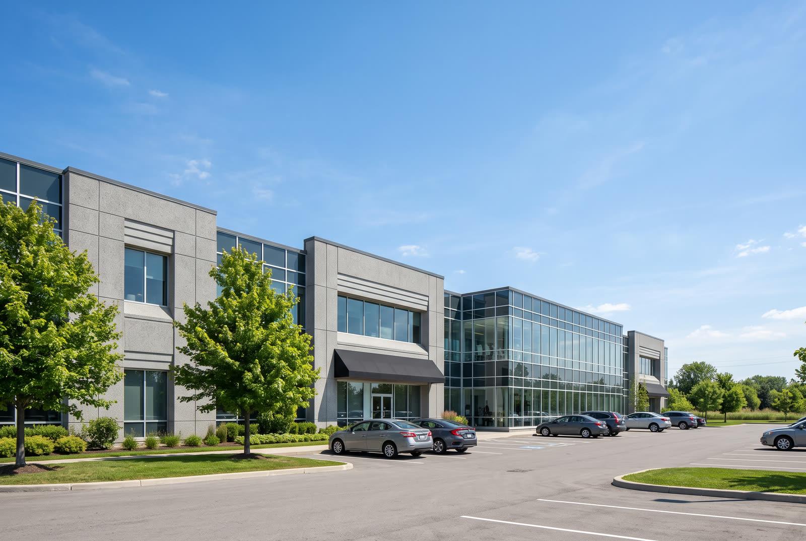 Modern commercial and industrial building in a Greater Toronto Area business park with a precast concrete and glass facade under a big open sky