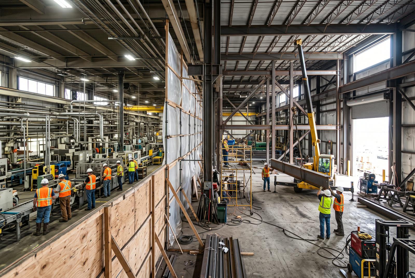 Steel-framed expansion bay under construction alongside an operating manufacturing plant, with a temporary hoarding wall separating the work area and workers in hard hats and high-visibility vests placing a concrete slab