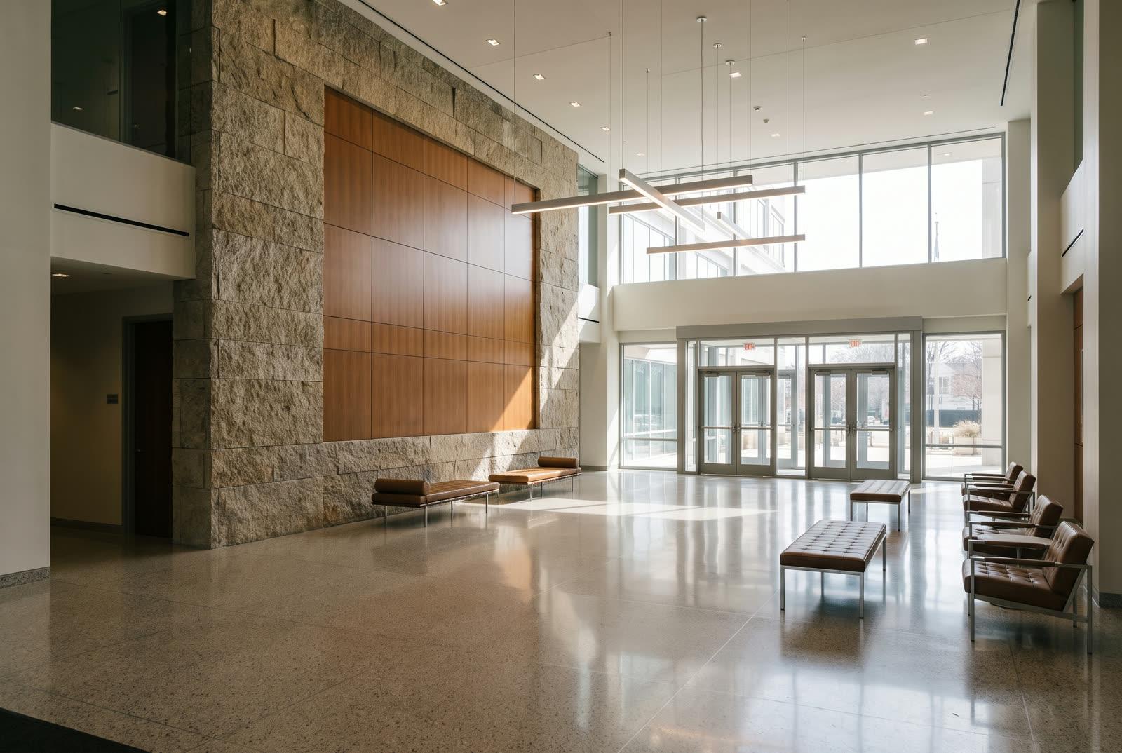 Modernized multi-tenant office building lobby with new stone-look flooring, wood-slat feature wall and recessed lighting, with a protective floor covering and a worker in a hard hat and high-visibility vest at the far end