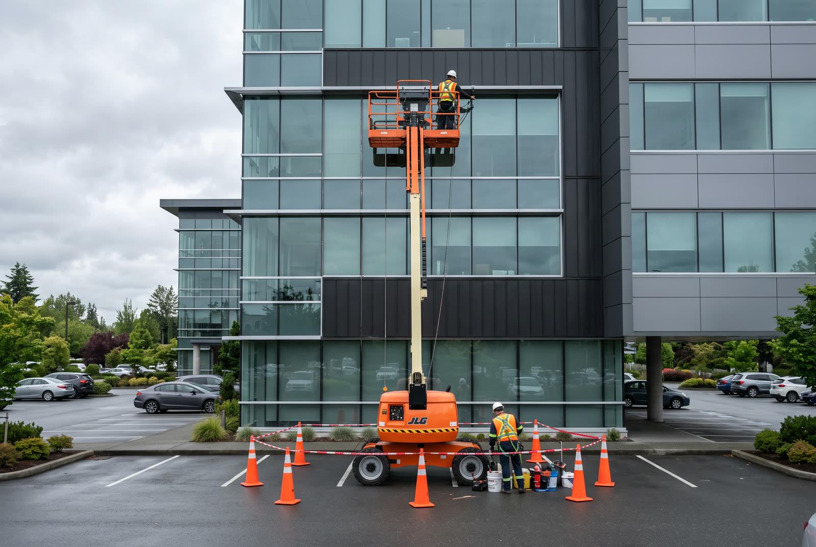 Maintenance technician in a hard hat and high-visibility vest inspecting rooftop mechanical equipment on a low-rise commercial building