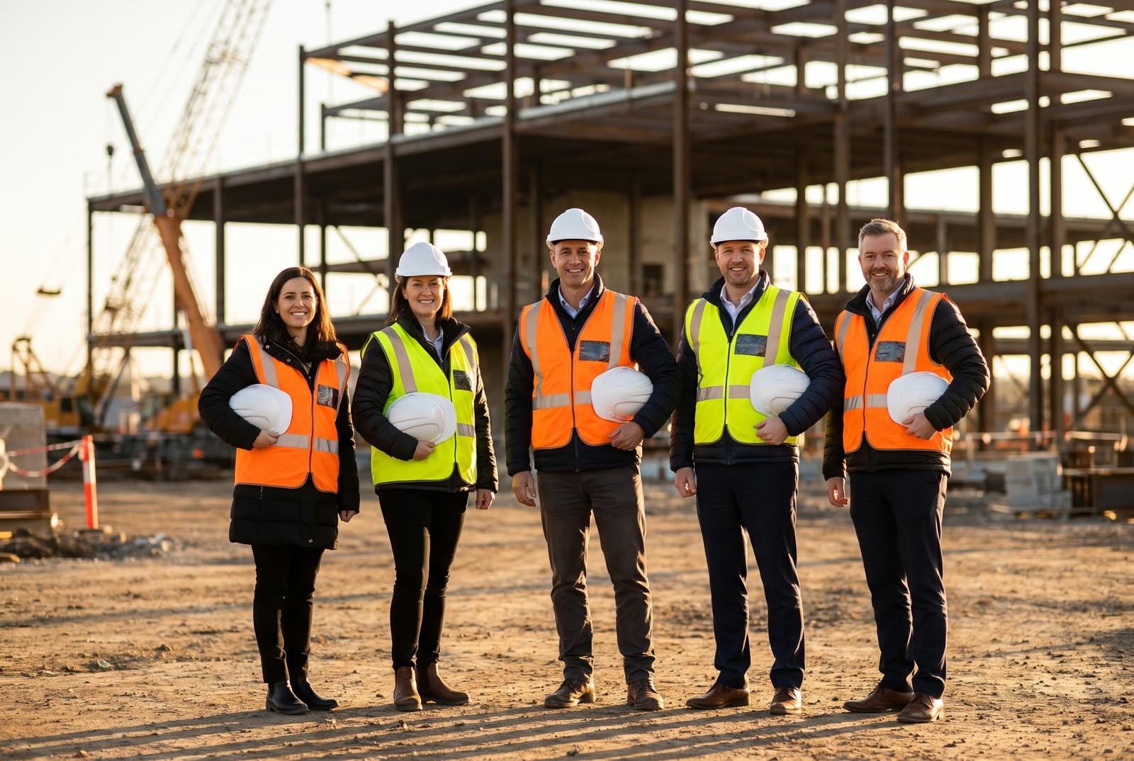 Construction and project management leadership team standing together on an active commercial job site in hard hats and high-visibility vests at golden hour
