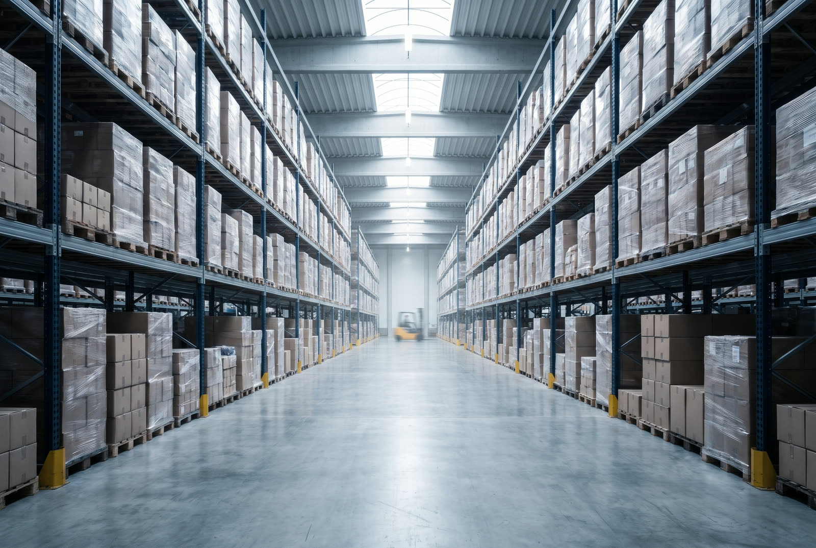 Large modern industrial warehouse interior with tall steel racking, polished concrete floor, natural skylight illumination and a forklift in the distance for scale