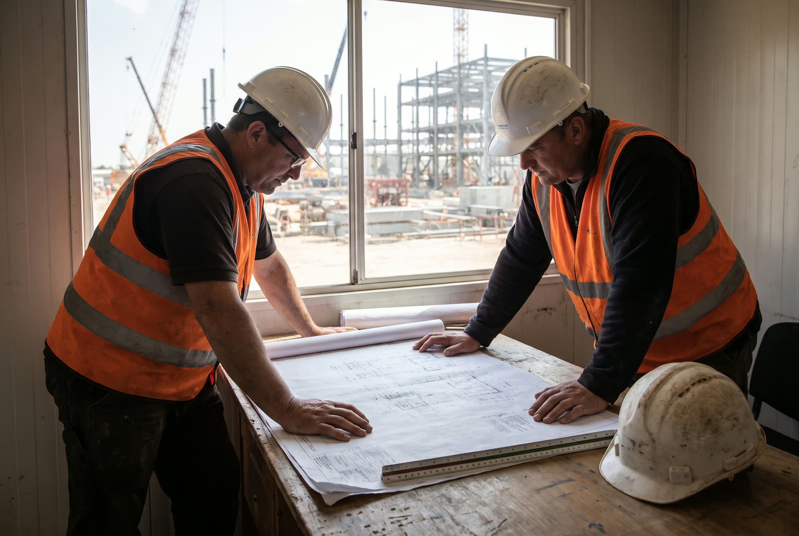 Two construction professionals in hard hats and high-visibility vests reviewing rolled construction drawings on a site-office table, industrial construction visible through the window behind them