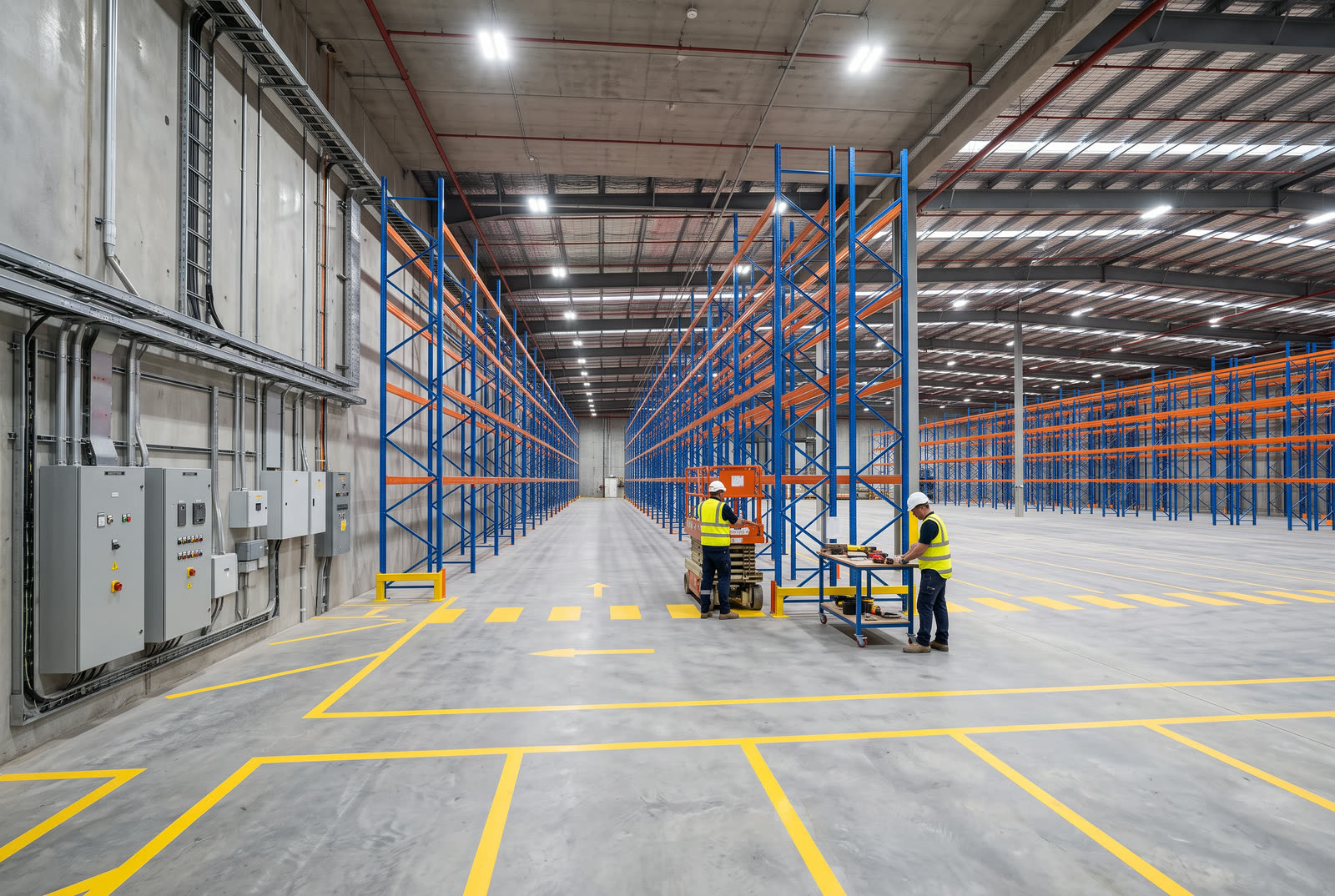 Interior of a high-clear warehouse during an industrial fit-out with pallet racking uprights being erected and workers in hard hats and high-visibility vests near a row of loading dock doors