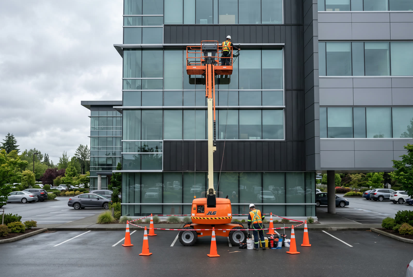 Maintenance technician in a hard hat and high-visibility vest inspecting rooftop mechanical equipment on a low-rise commercial building